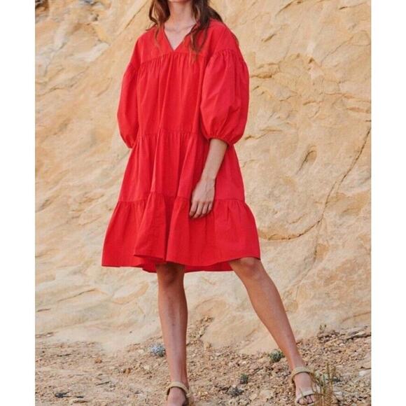 EVEREVE Sundry The Anywhere Babydoll Dress M Red Tiered Balloon Sleeves Cottage - Picture 3 of 16